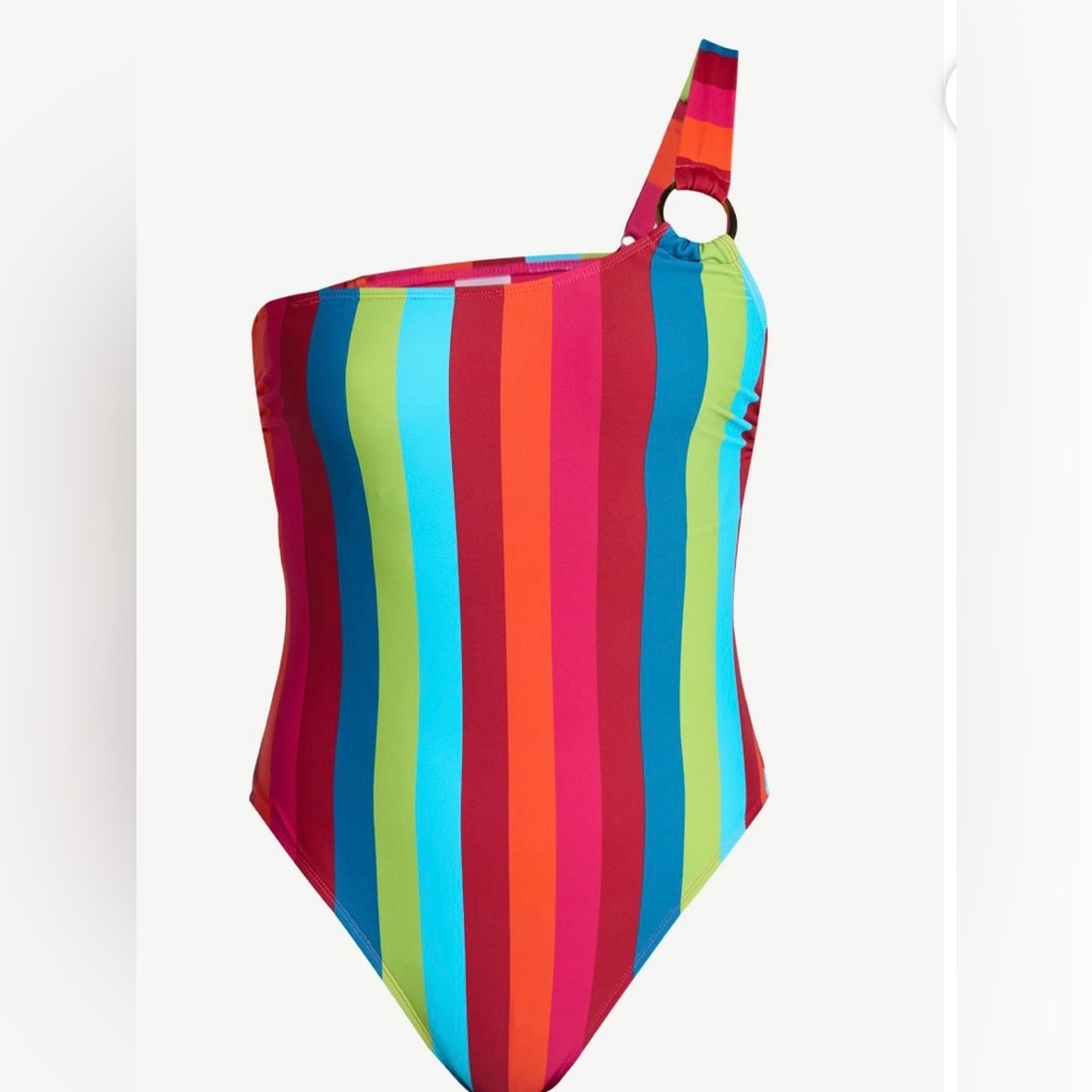 NWT Time and Tru One Shoulder Rainbow Stripe One Piece Swimsuit Size Small